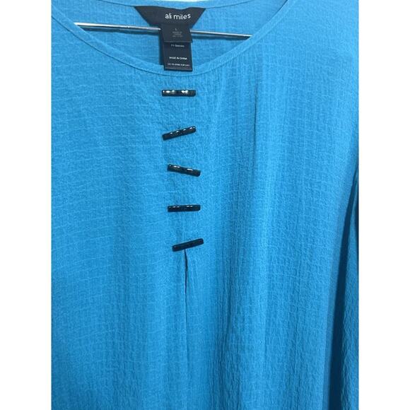 Ali Miles Lagenlook Artsy Blue Asymmetrical Hem Crinkle Tunic Top Sz Large - Picture 4 of 9